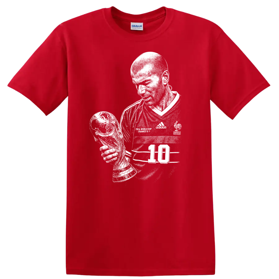 Retro black and white Zinedine Zidane soccer portrait T shirt - Red