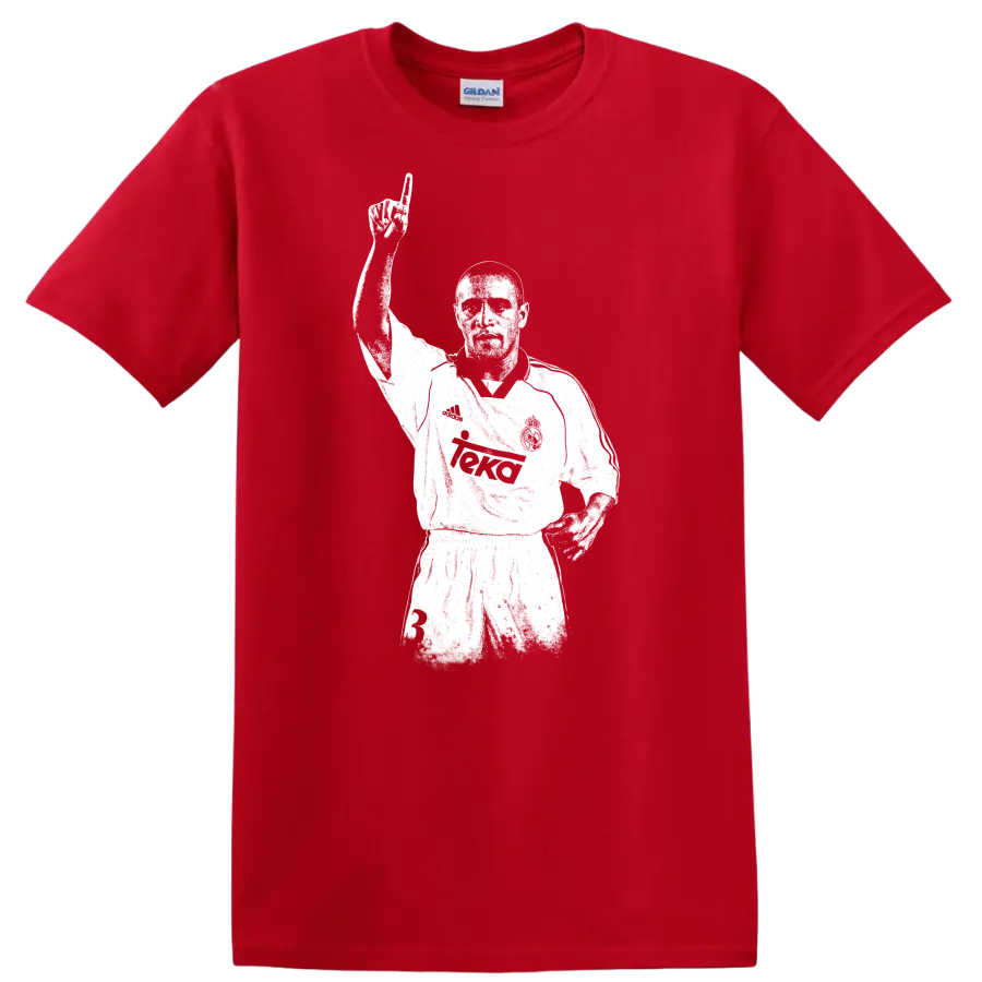 Retro soccer legend portrait of Roberto Carlos in vintage style T - Red