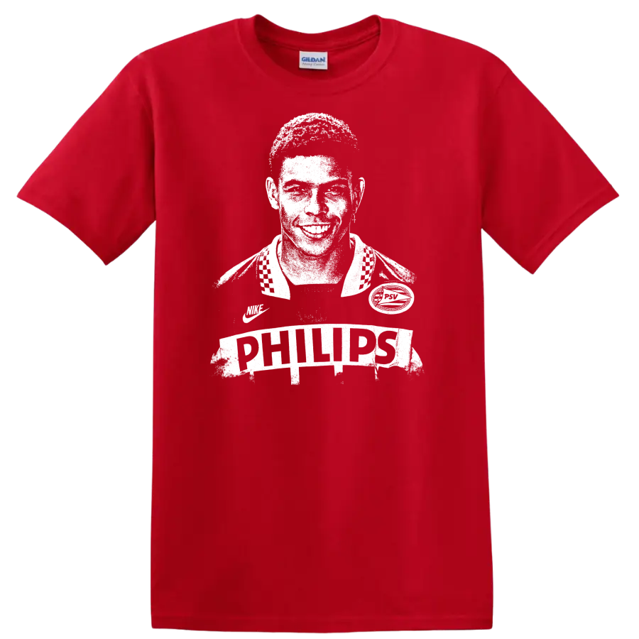Retro soccer legend portrait design inspired by Ronaldo Nazário with bold vintage style T - Red