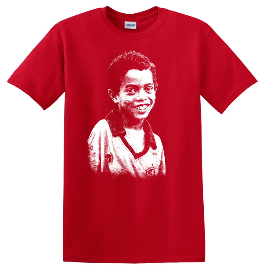 Retro pixel-style soccer legend portrait inspired by Ronaldo de Assis Moreira T - Red