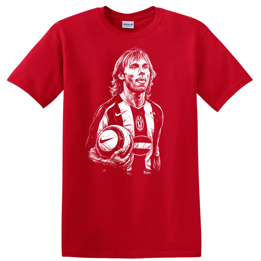 Black and white retro soccer portrait graphic T shirt featuring Pavel - Red