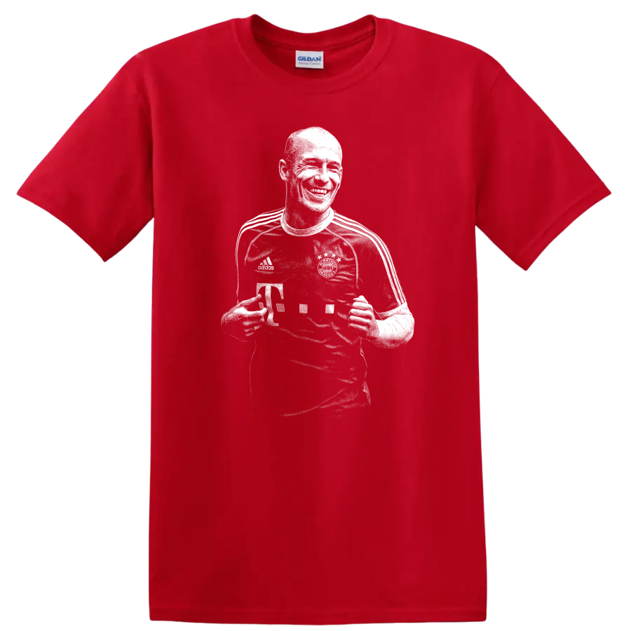 Black and white retro soccer portrait of Arjen Robben on a T - Red