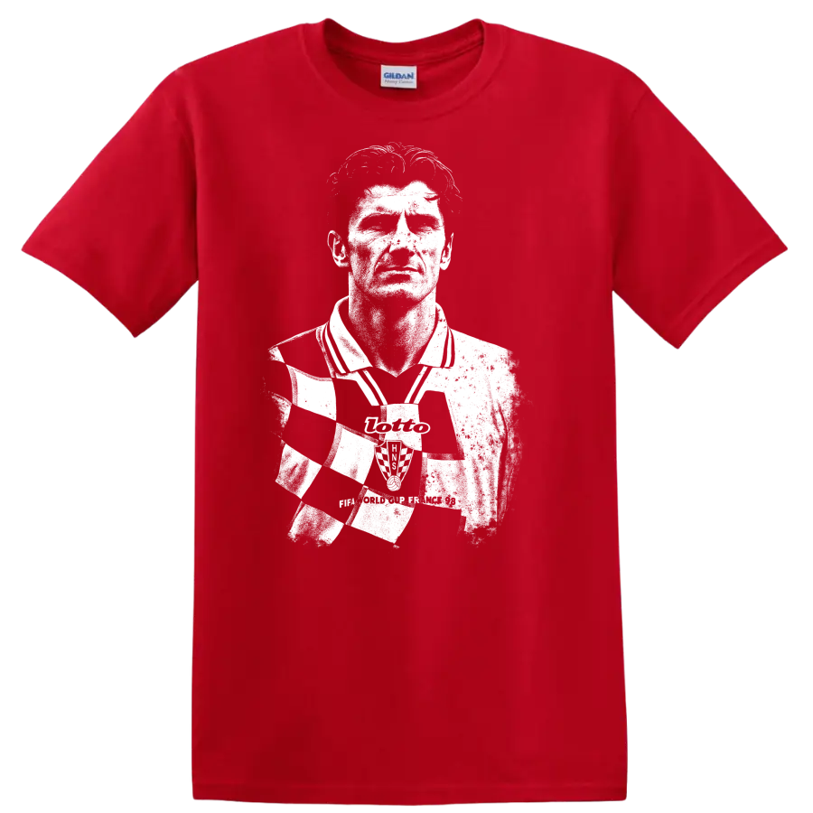 High-contrast retro soccer portrait of Davor Šuker graphic T - Red