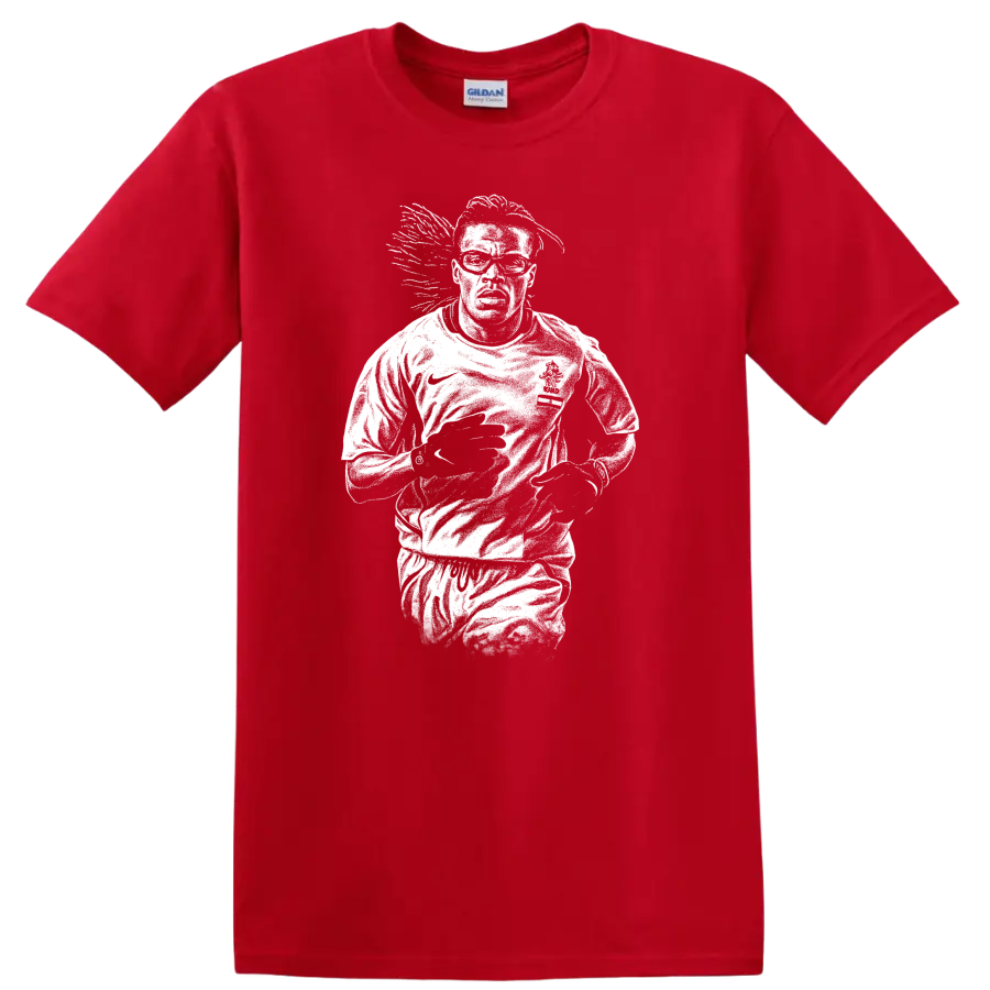 High-contrast retro soccer portrait of Edgar Davids inspired legend style T - Red