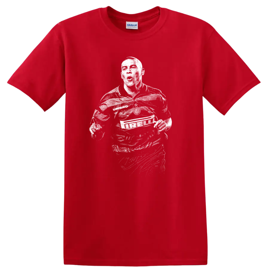 Retro soccer legend portrait of Ronaldo Nazário style graphic T - Red