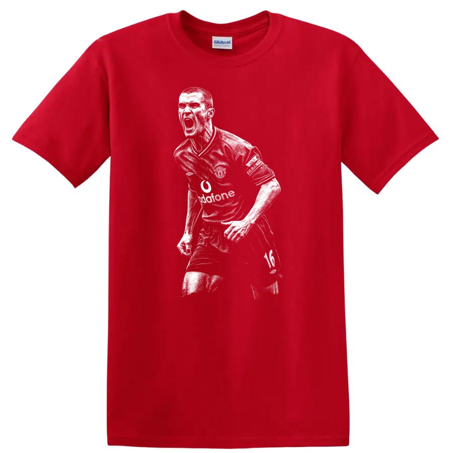 High-contrast retro soccer portrait of Roy Keane style T-shirt - Red