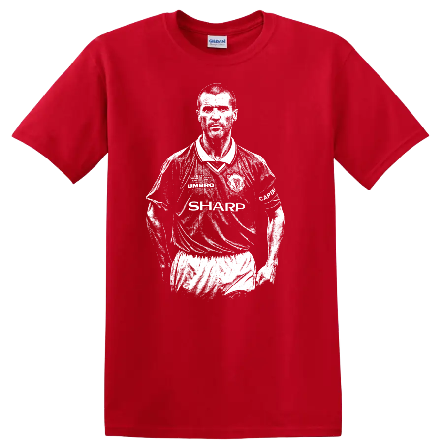 Black and white retro soccer portrait of Roy Keane style T - Red