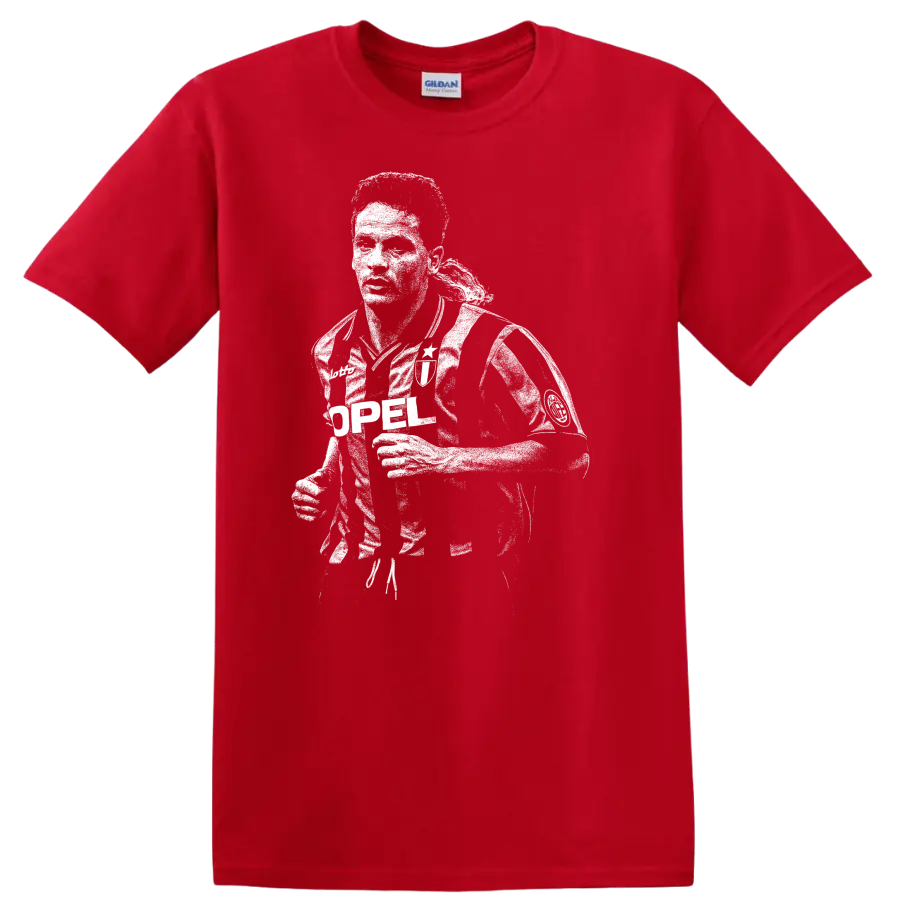 Black and white retro soccer portrait of Roberto Baggio on a T - Red
