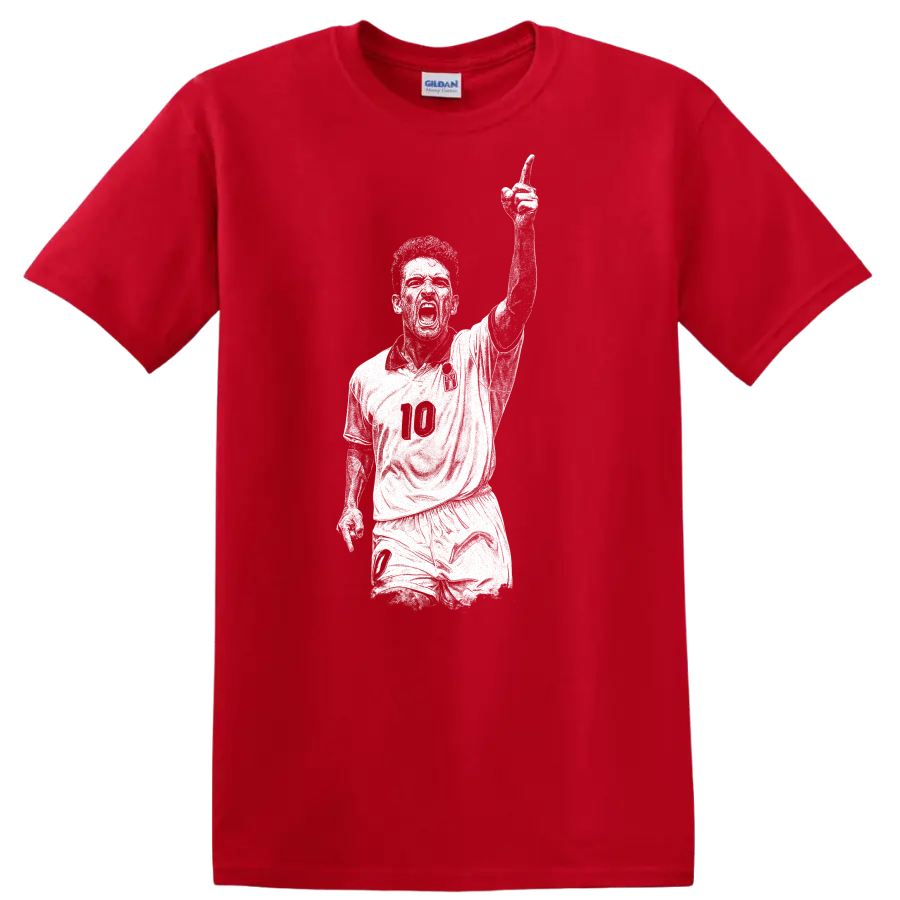 Retro soccer legend portrait of Roberto Baggio in bold black and white T Shirt - Red