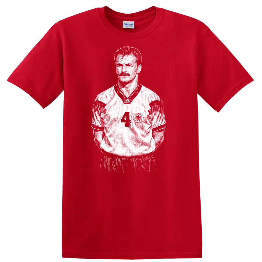 Retro soccer legend portrait style graphic featuring Jürgen Kohler on a T - Red