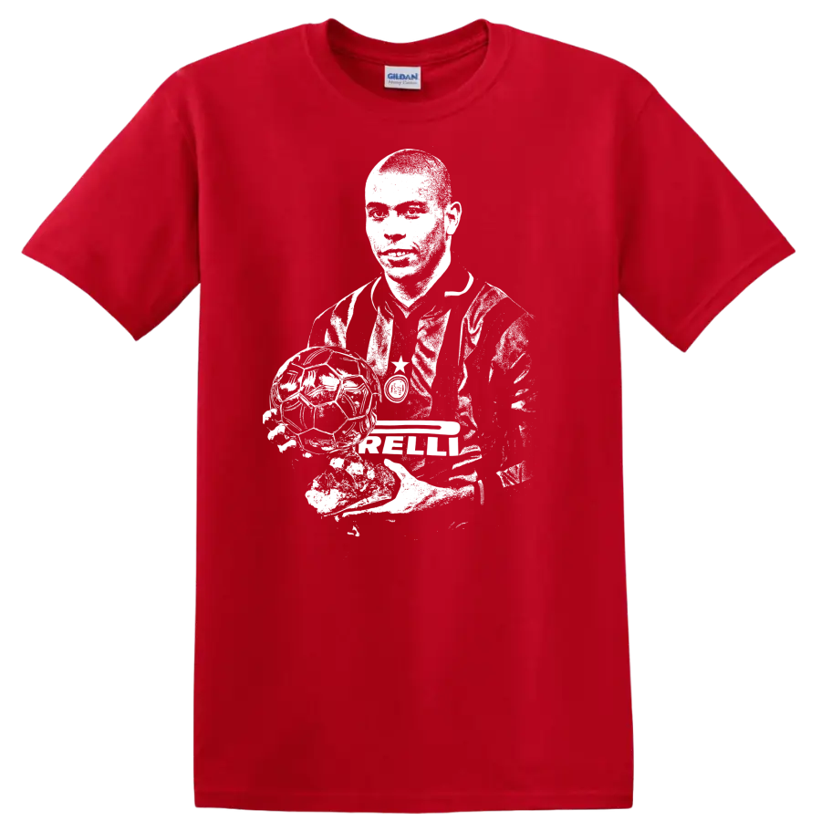 Retro soccer portrait graphic inspired by Ronaldo Nazário on a T - Red