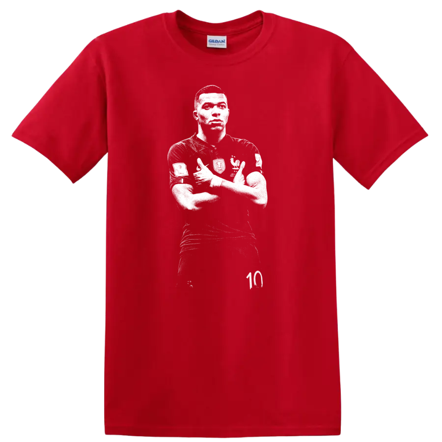 Retro soccer portrait style design inspired by Kylian Mbappé on a T - Red