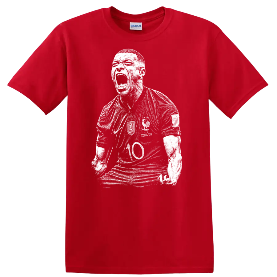 Black and white retro soccer portrait style Kylian Mbappe T Shirt - Red