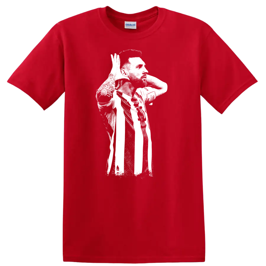 High-contrast retro soccer portrait of Lionel Messi style graphic - Red