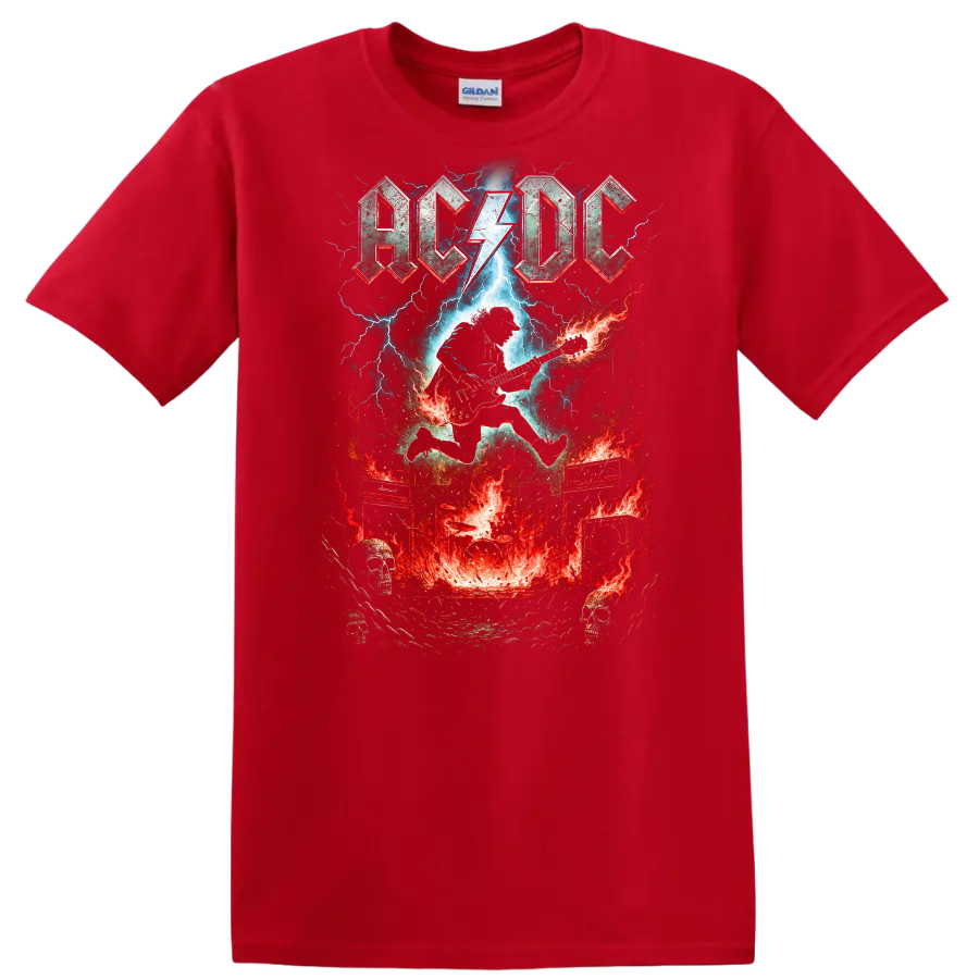 AC DC Retro Rock Lightning Guitar Heavy Metal T Shirt - Red