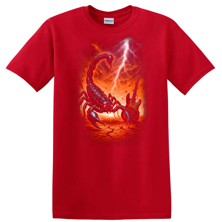 Heavy Metal Scorpion Guitar Retro Rock Band Album Art T Shirt - Red