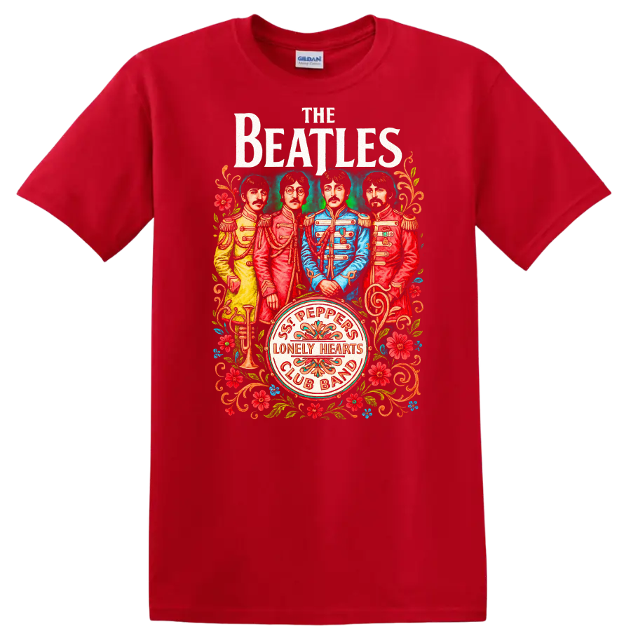 The Beatles Sgt. Pepper Inspired Retro Rock Legend T Shirt - Red