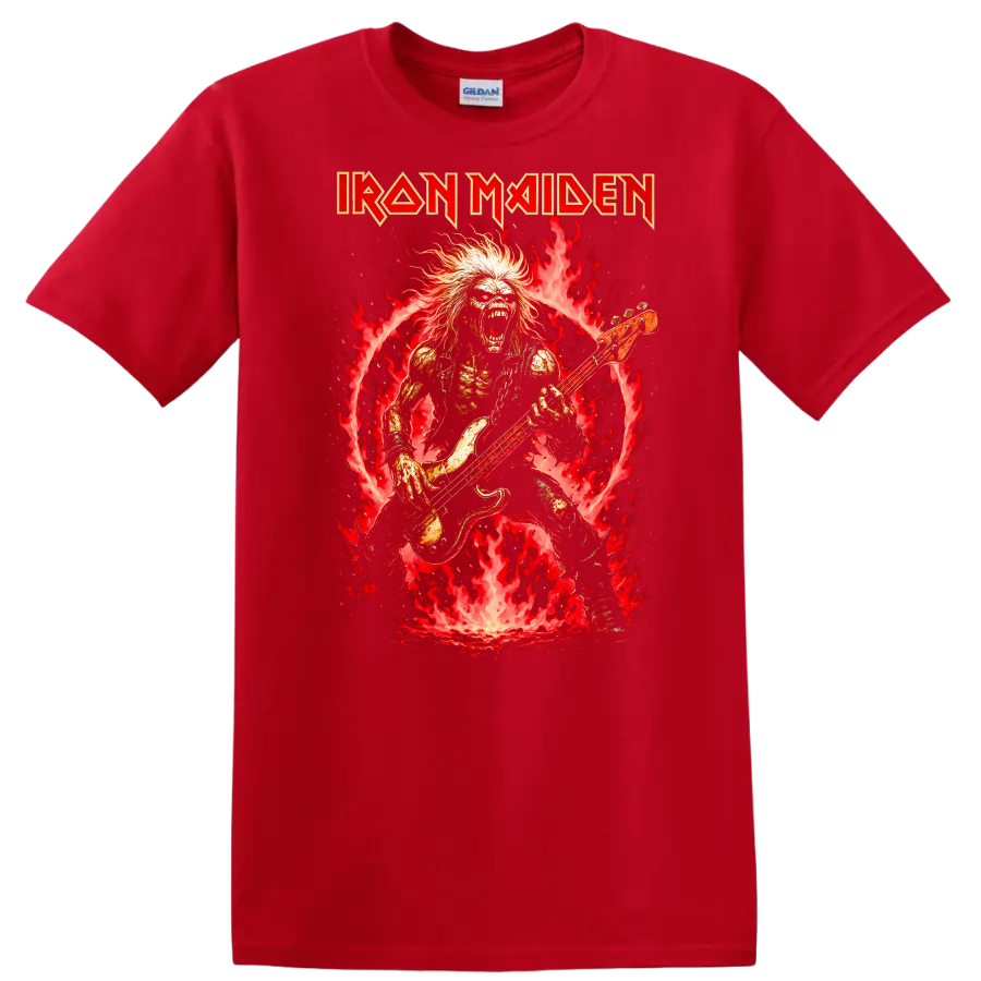 Iron Maiden Heavy Metal Album Cover Flame Bassist T Shirt - Red