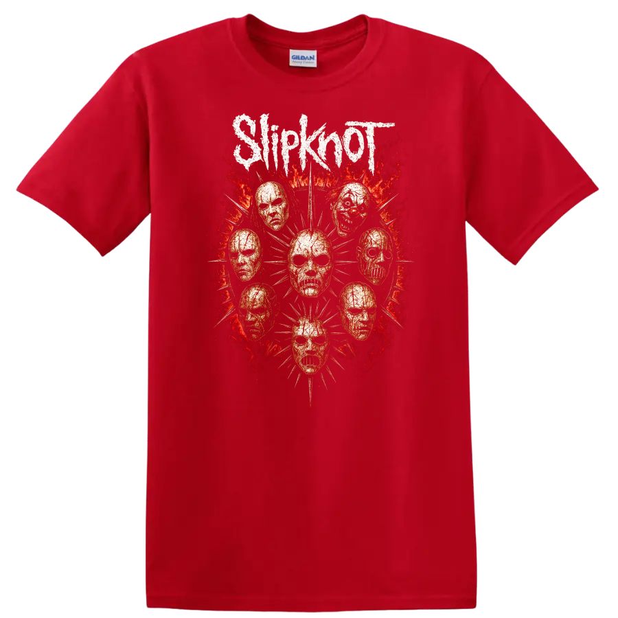 Retro Metal Skull Masks Heavy Rock Album Art T Shirt - Red