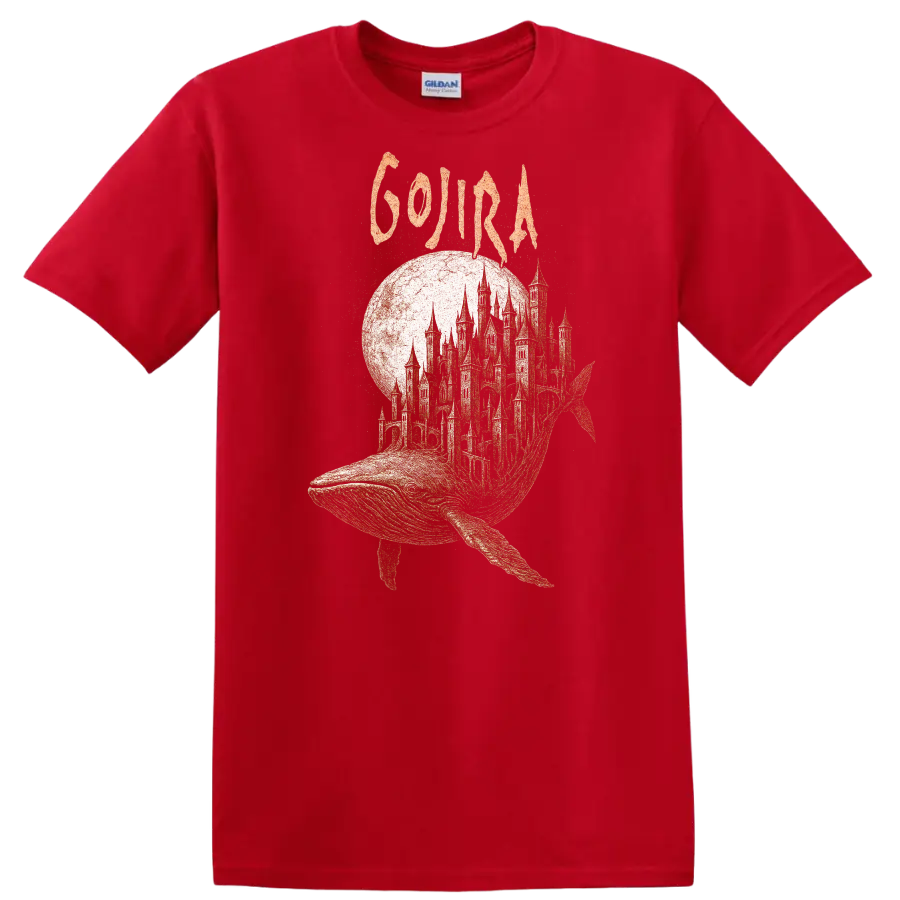 Retro Rock Whale Castle Heavy Metal Album Cover T Shirt - Red