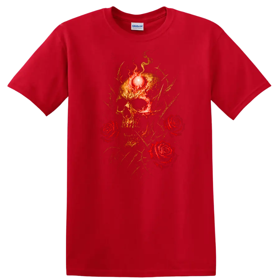 Retro Heavy Metal Skull Roses Fire T Shirt Dark Rock Band Cover Style - Red