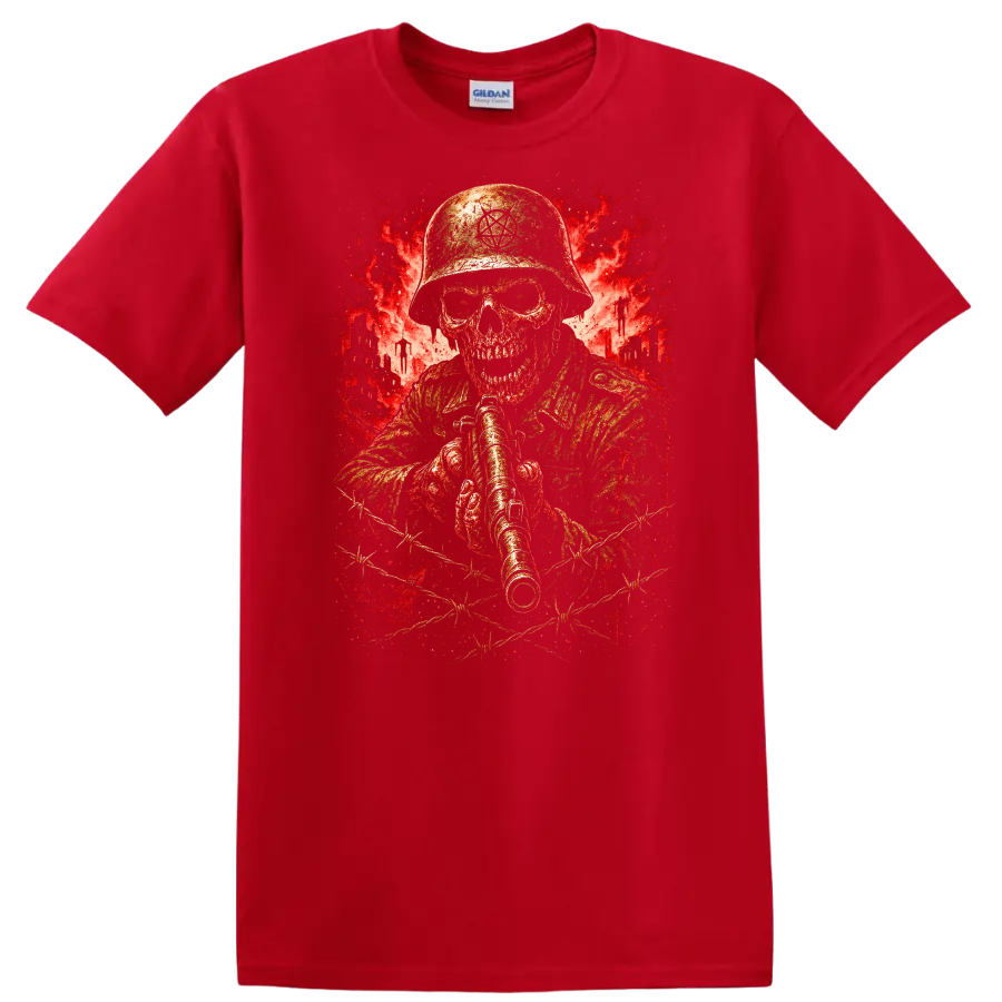 Retro Heavy Metal Skull Soldier Helmet T Shirt Red Explosion Graphic - Red