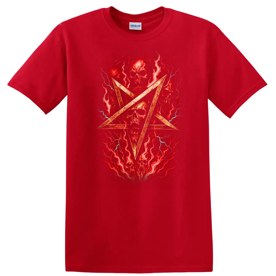 Retro Heavy Metal Skull Pentagram Album Cover Style T Shirt - Red