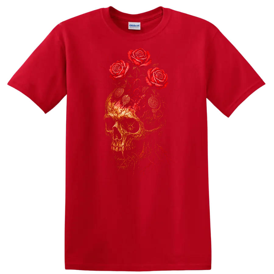 Retro Rock Skull and Roses Heavy Metal Graphic T Shirt - Red