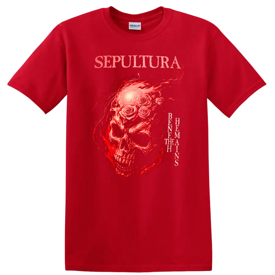 Sepultura Skull Roses Retro Heavy Metal Band Album Cover T Shirt - Red
