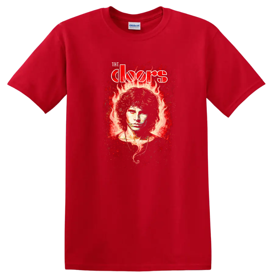The Doors Retro Rock Flame Portrait Album Cover T Shirt - Red