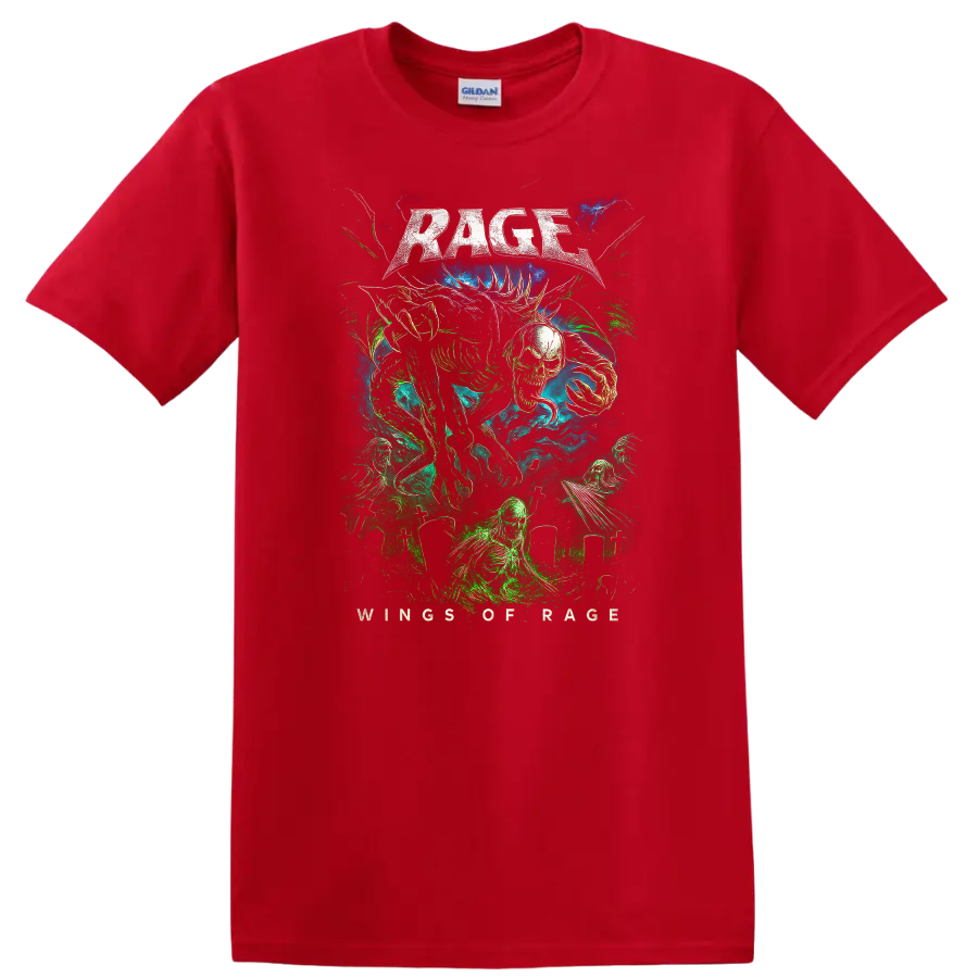 Rage Heavy Metal Album Cover Style Graphic T Shirt for Rock Fans - Red