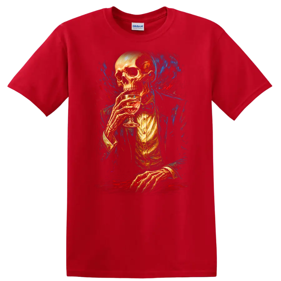 Vintage gothic skeleton in formal attire holding a drink amid blue and red painterly on a Red T Shirt