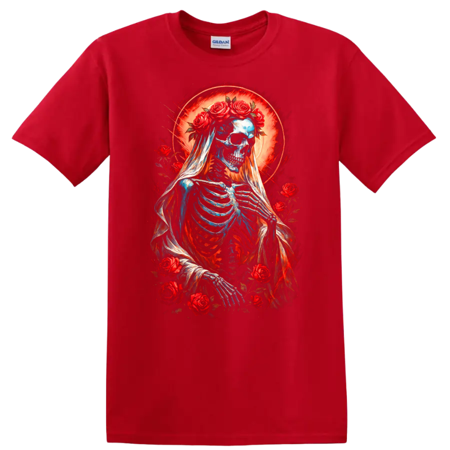 Vintage gothic skeleton bride in a veil with red roses and glowing red halo on a Red T Shirt