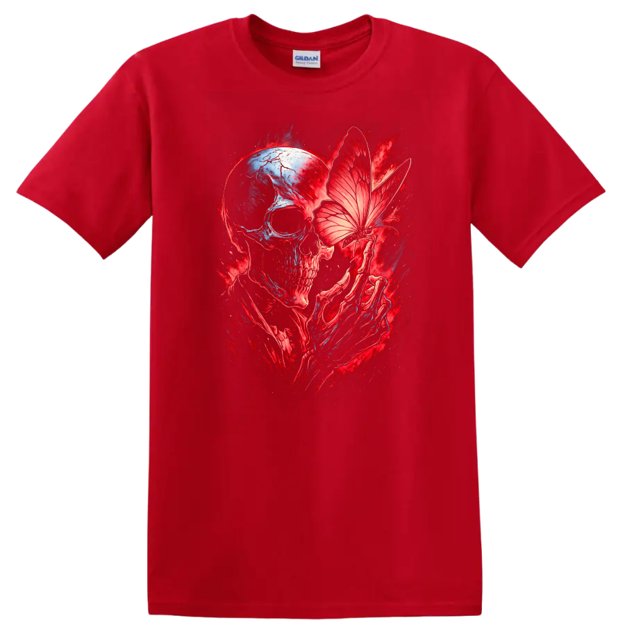 Gothic skull with skeletal hands holding a butterfly in red and blue dark art on a Red T Shirt