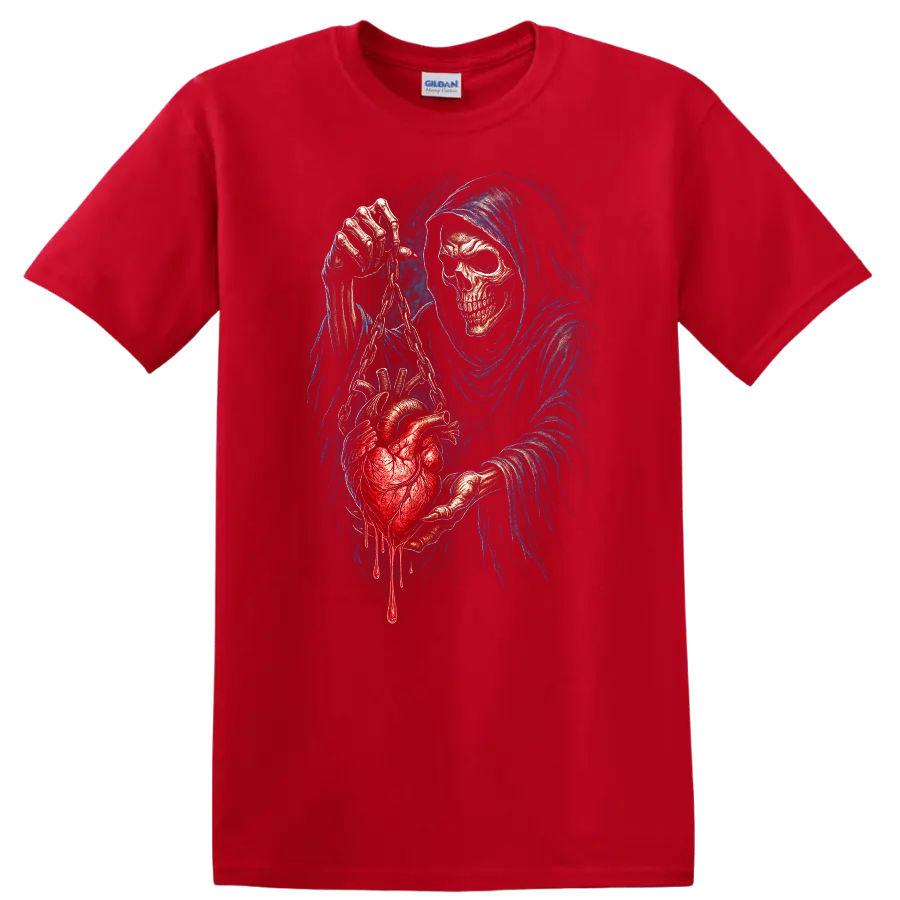 Grim Reaper skull holding a chained bleeding heart in detailed gothic horror art on a Red T Shirt