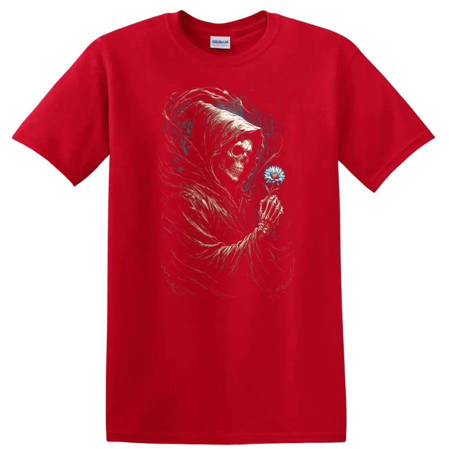 Hooded Grim Reaper skull holding blue flower in vintage gothic dark art on a Red T Shirt