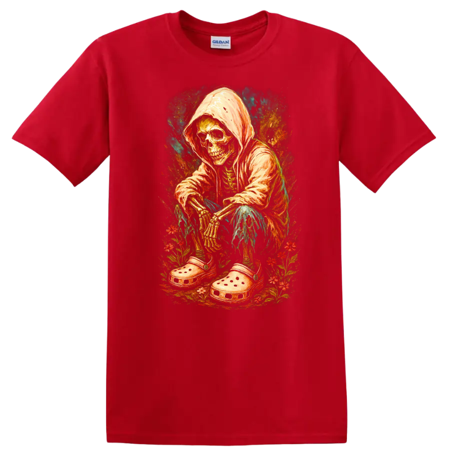 Vintage hooded skeleton in oversized clogs surrounded by colorful flowers on a Red T Shirt