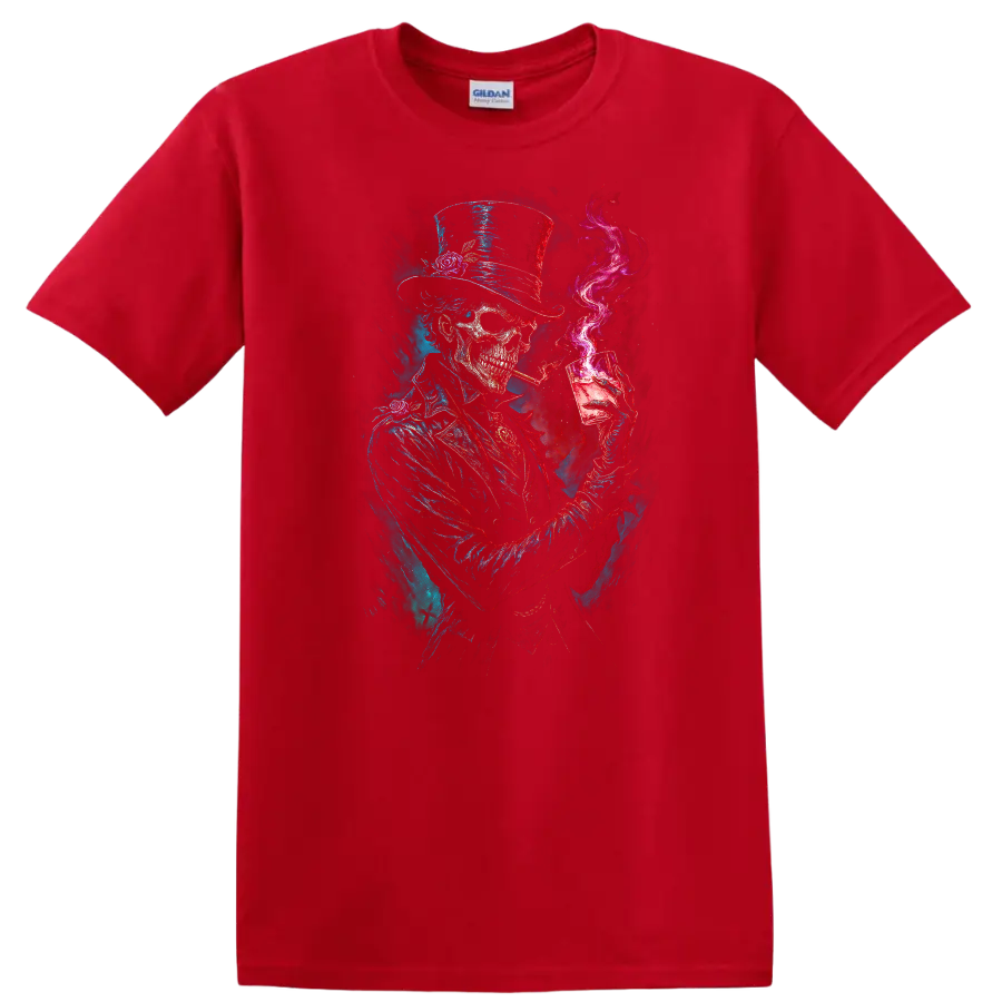 Gothic top-hat skeleton with cocktail glass, magenta smoke, and distressed skull art on a Red T Shirt