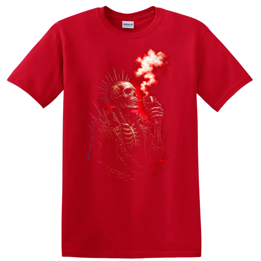 Spiked punk skeleton raising a cocktail amid red smoke in distressed gothic art on a Red T Shirt