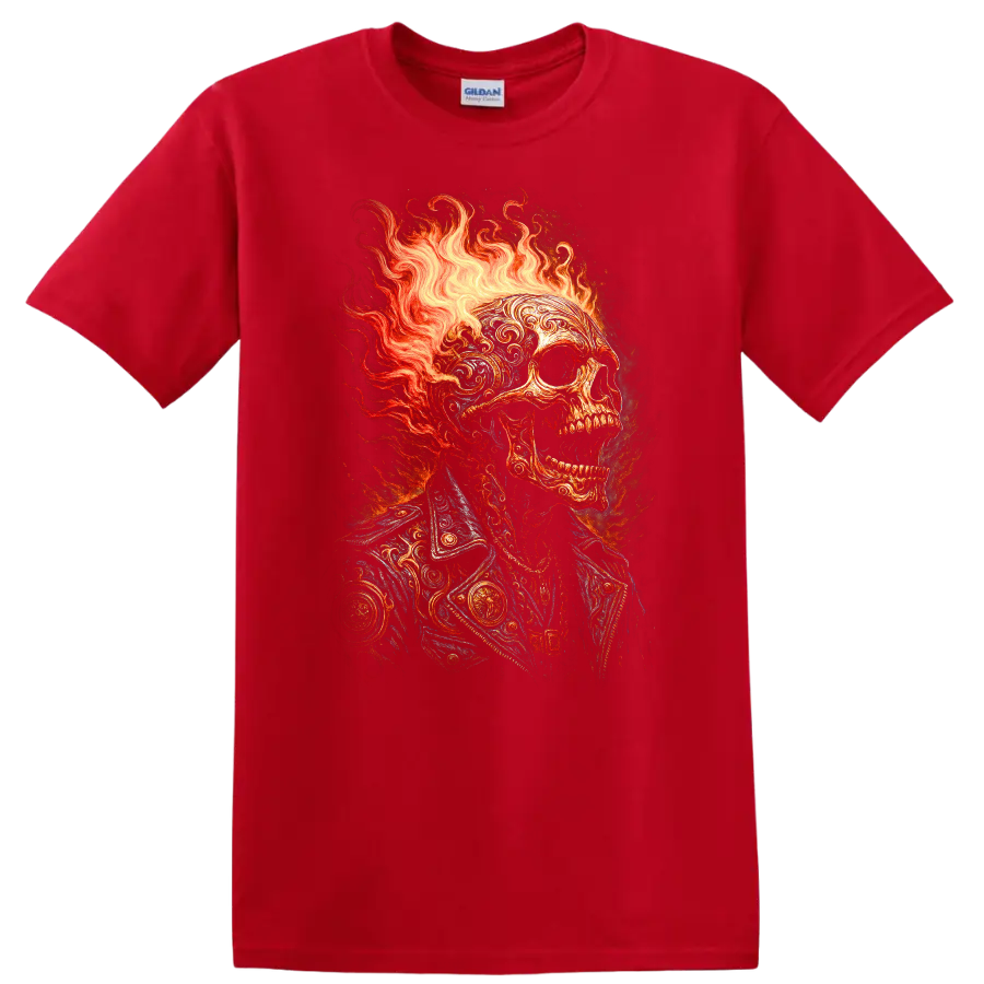 Flaming skull in ornate vintage jacket with gothic fire illustration on a Red T Shirt