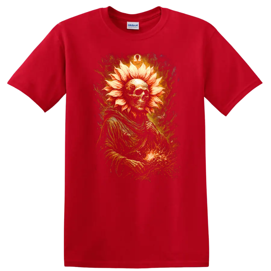 Gothic skeleton with flower-petal halo, fiery textures, and Omega symbol on a Red T Shirt
