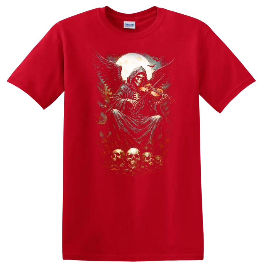 Vintage gothic Grim Reaper playing violin beneath moon with skulls and fiery accents on a Red T Shirt