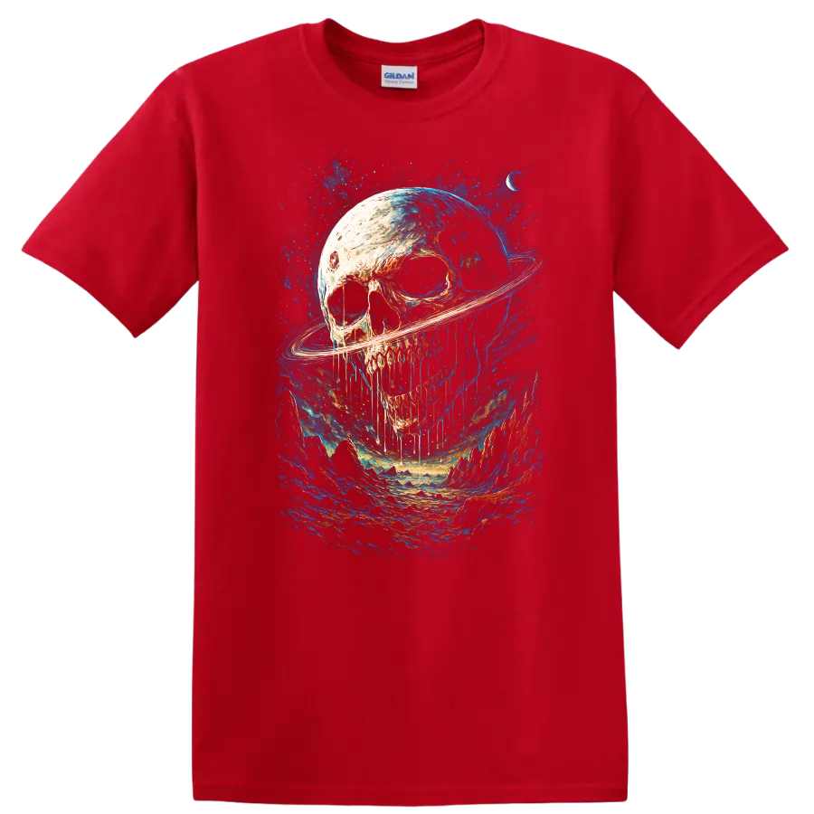 Gothic skull with Saturn-like ring in a vivid blue cosmic landscape on a Red T Shirt