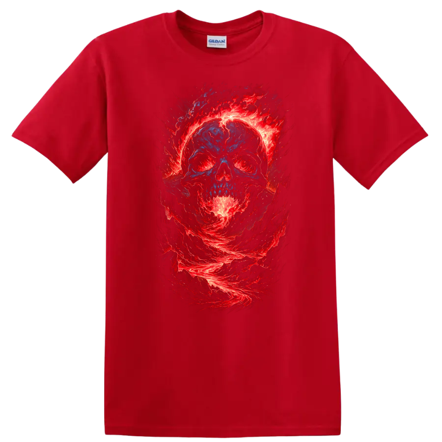 Distressed blue skull surrounded by swirling red flames in gothic horror art on a Red T Shirt