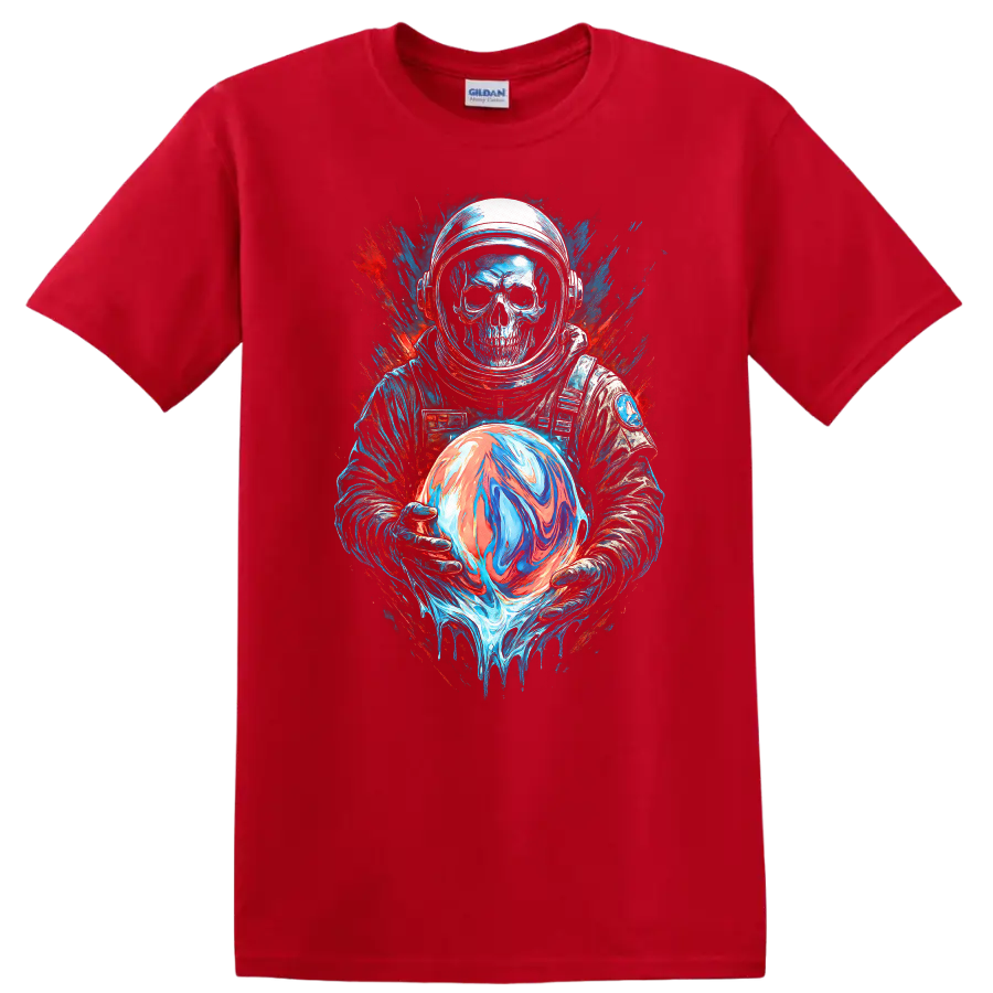 Gothic skull astronaut holding a swirling orb in neon space splatter art on a Red T Shirt