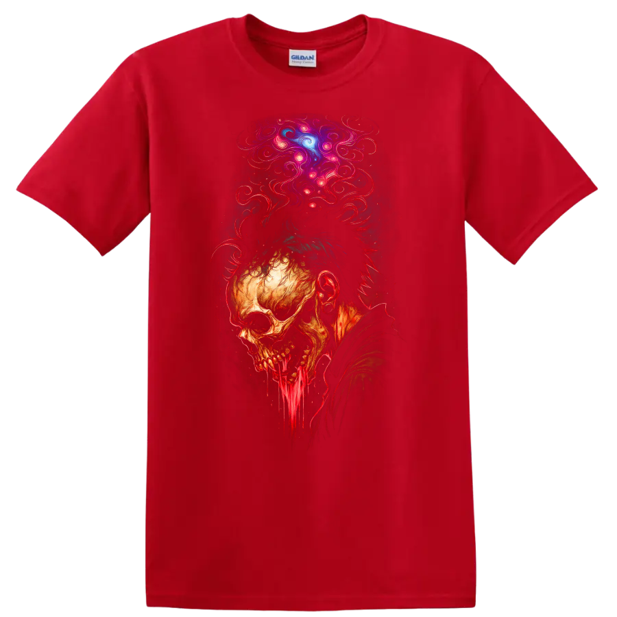 Decaying skull with dripping jaw and psychedelic cosmic smoke in gothic horror art on a Red T Shirt