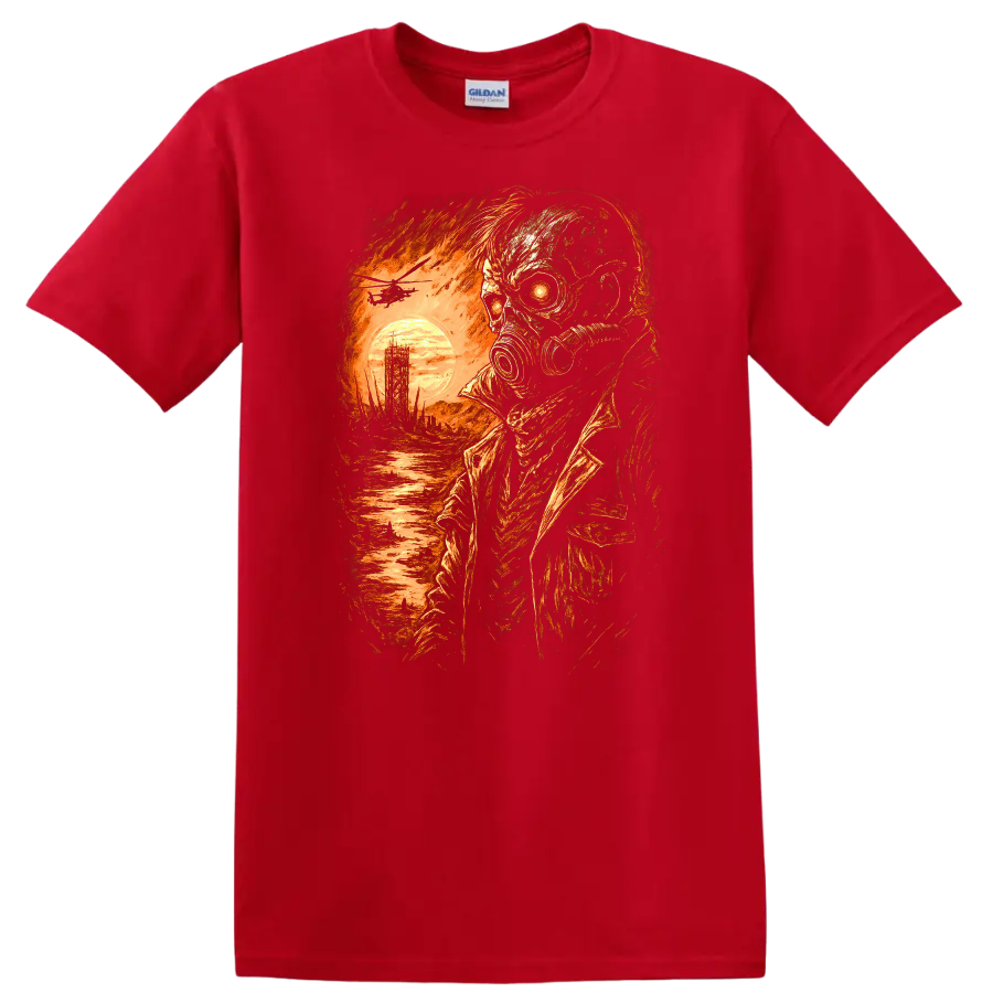 Distressed gothic gas mask skull survivor with fiery sunset and ruined landscape on a Red T Shirt