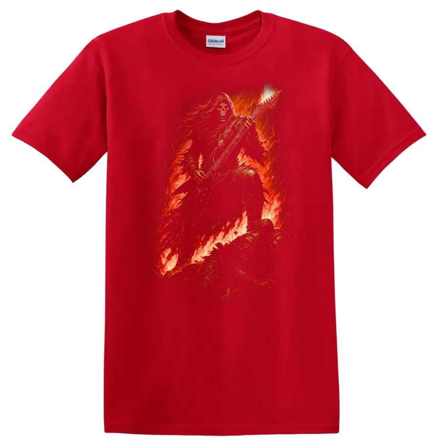 Hooded skeleton guitarist in flames, distressed vintage gothic rock artwork on a Red T Shirt