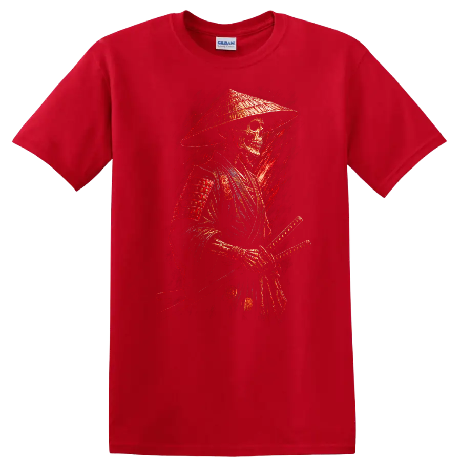 Vintage gothic samurai skeleton warrior in armor with conical hat and swords on a Red T Shirt