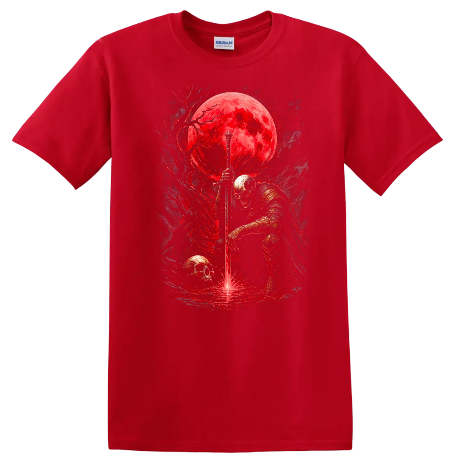 Armored skeletal knight with sword, skulls, and crimson moon in gothic fantasy art on a Red T Shirt